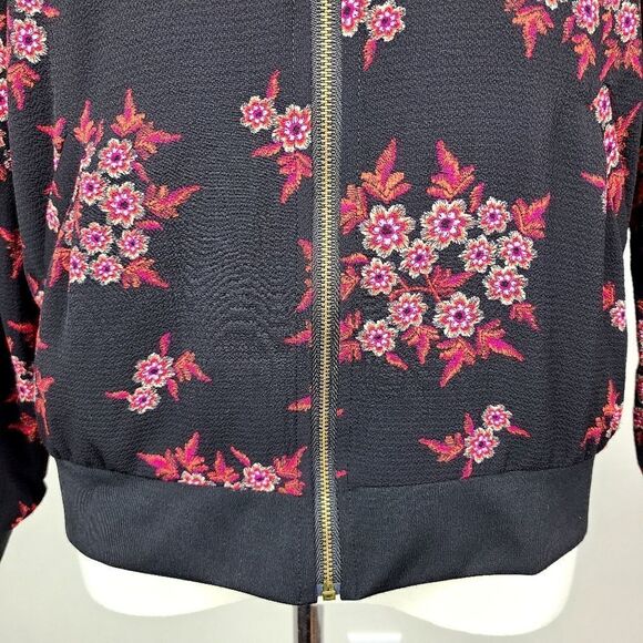 Faith and Joy Black & Pink Floral Print Bomber Jacket XS - Picture 3 of 16